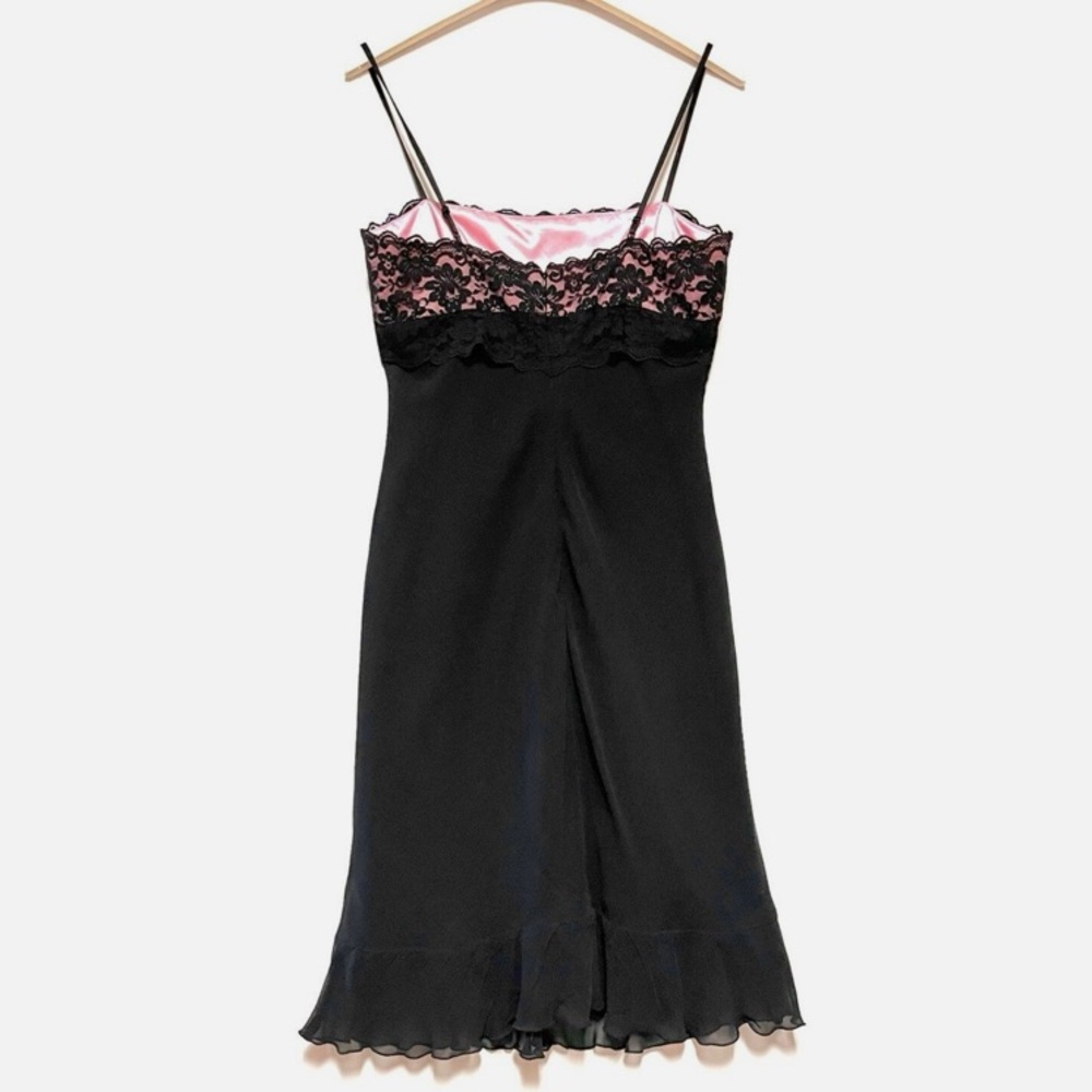 100% Silk 00s Express Black Lace & Pink Cocktail Dress - Picture 3 of 14